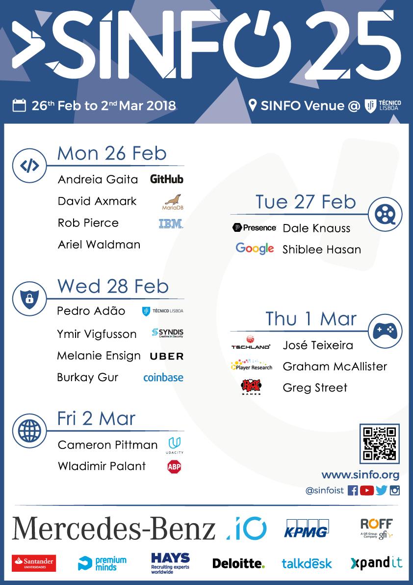 SINFO 25 event poster: schedule, speakers, and sponsors for the 2018 edition