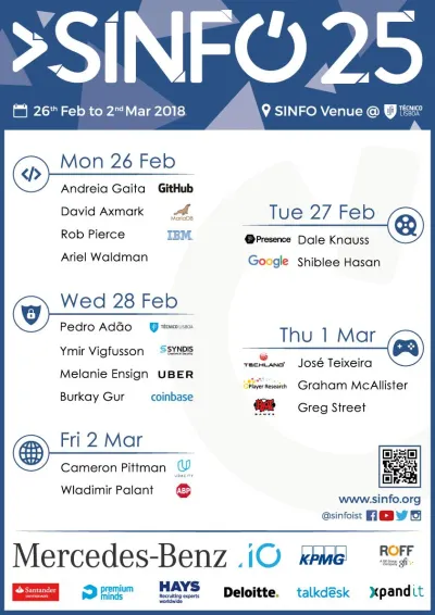 SINFO 25 event poster: schedule, speakers, and sponsors for the 2018 edition