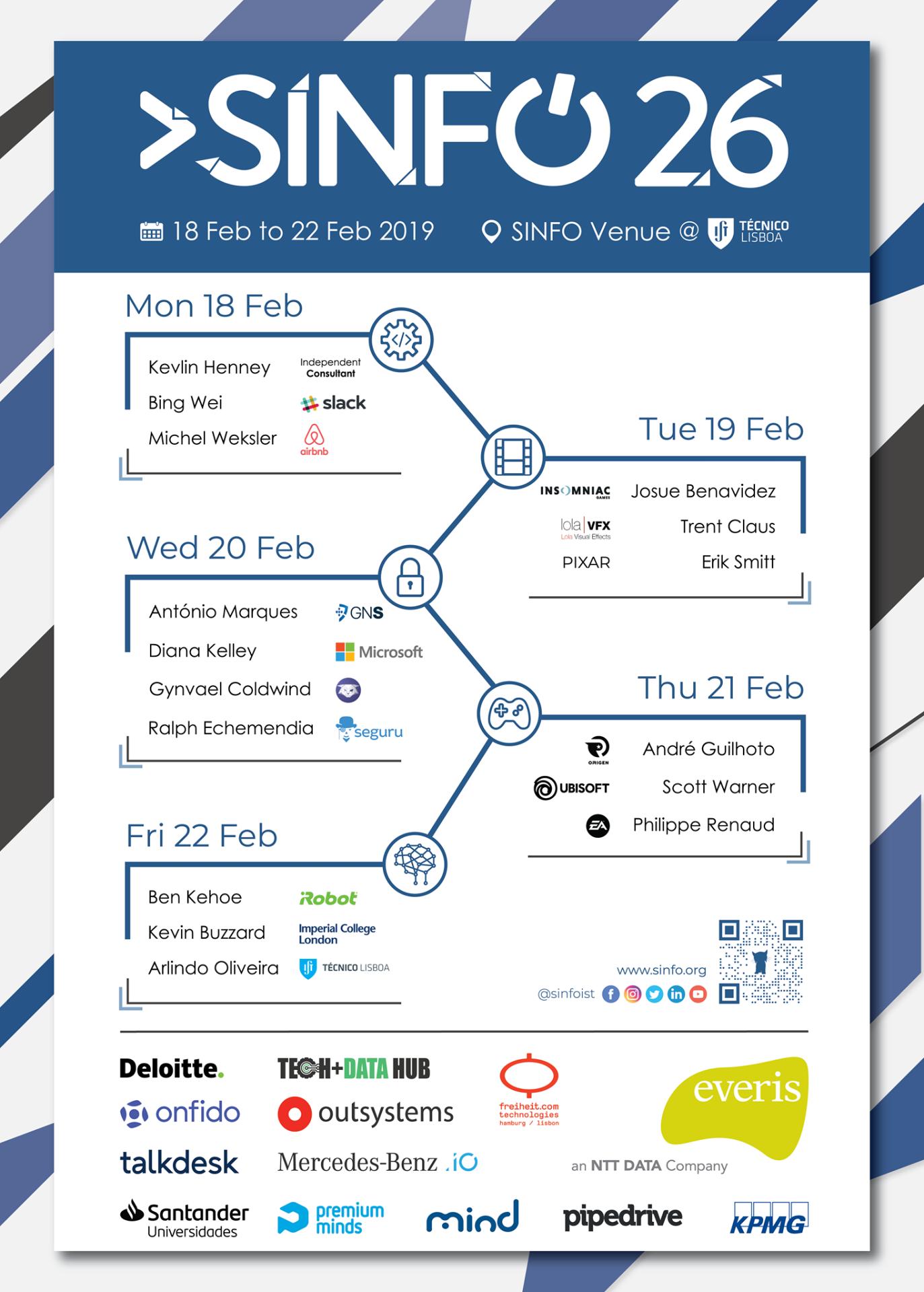 SINFO 26 event poster: schedule, speakers, and sponsors for the 2019 edition
