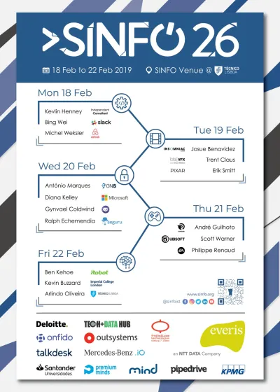 SINFO 26 event poster: schedule, speakers, and sponsors for the 2019 edition