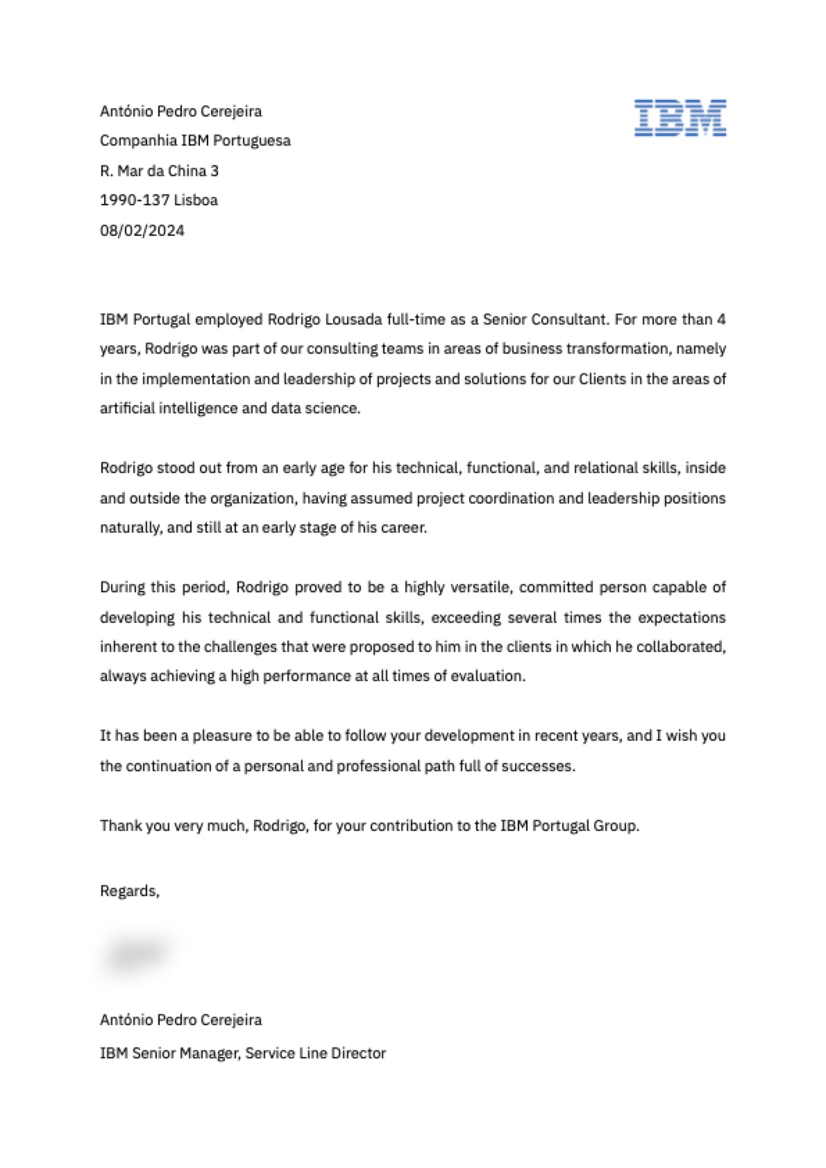 Recommendation letter from António Pedro Cerejeira