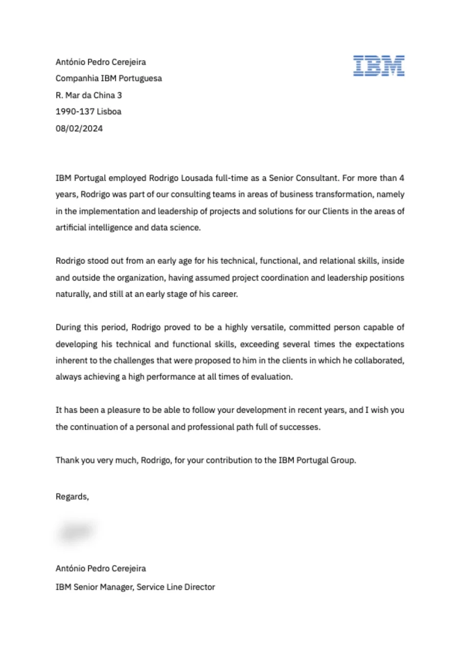 Recommendation letter from António Pedro Cerejeira